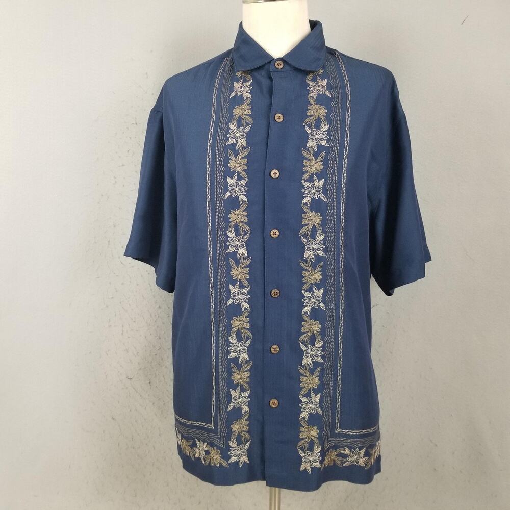 Caribbean Shirt Mens XL Blue Embroidered Floral Tropical Camp Button Front